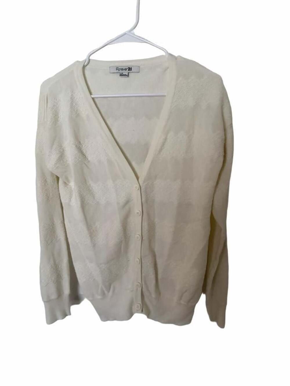 Forever 21 Cardigan Size L/G Off White Chevron Knit V-Neck Button Down